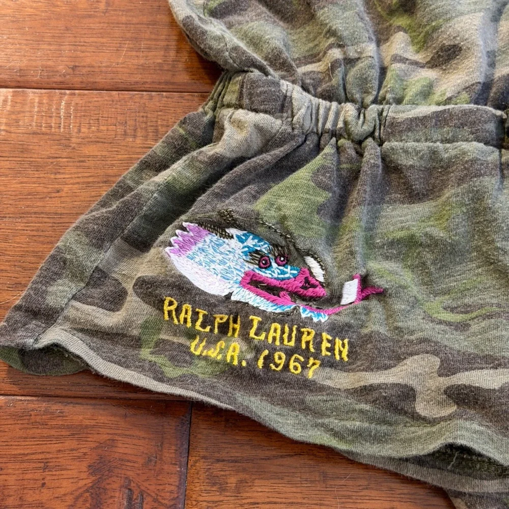 Ralph Lauren Romper Girls 3T Green Camo Dragon Embroidered Ruffle Henley Cotton
